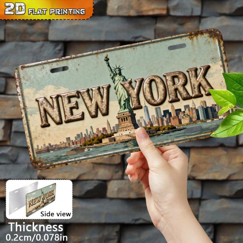 Cartello in Latta Hisun Segno Metallico in Alluminio HD Stile Targa Vintage Città di New York Decorazione da Parete Statua della Libertà Skyline Retro Design Invecchiato