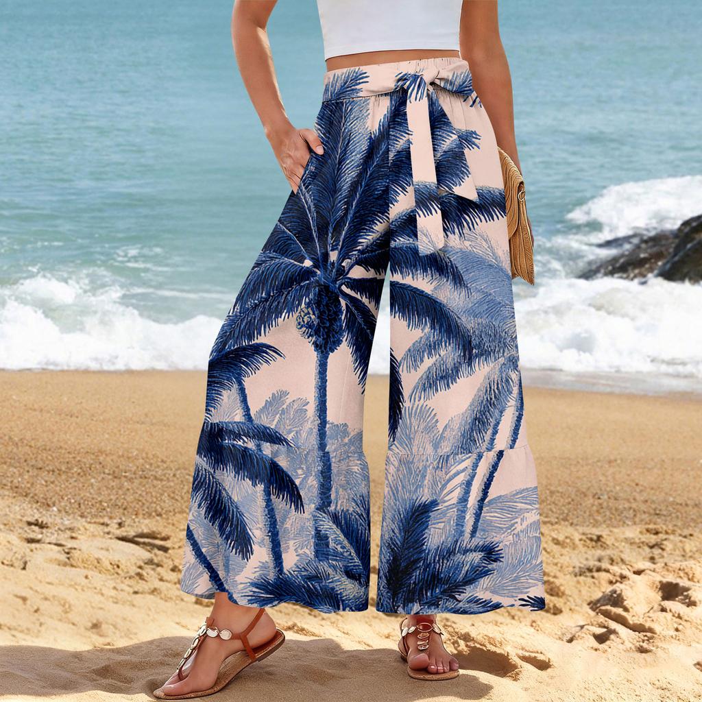 Pantalon décontracté large pour femme, Stretch, Taille haute, Ourlet à volants, Jambes larges, Ceinture, Et poches