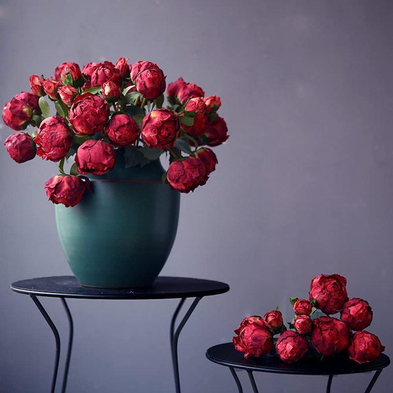 2 ramos de peonías vintage con flores de seda de tallo largo para decoración de bodas, ramo de novia, flores artesanales, arreglo floral