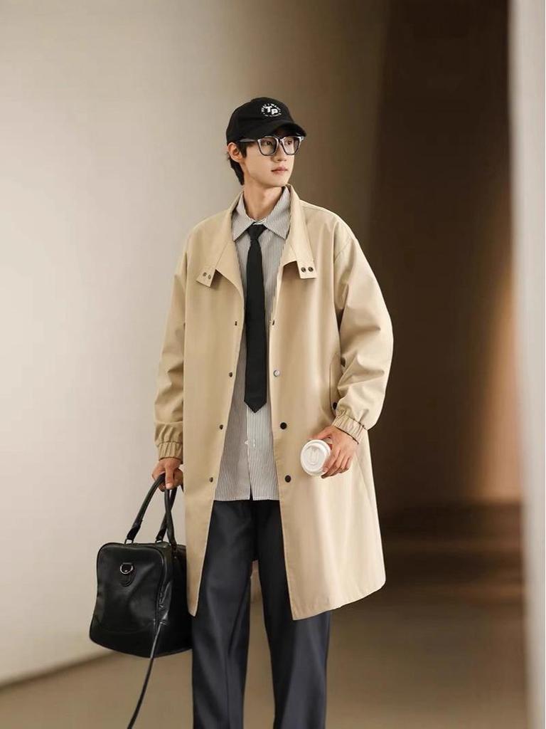 Men's Mid-Length Single-Breasted Trench Coat with Stand-Up Collar - Loose Casual Fit, Plus Size, British Style Jacket