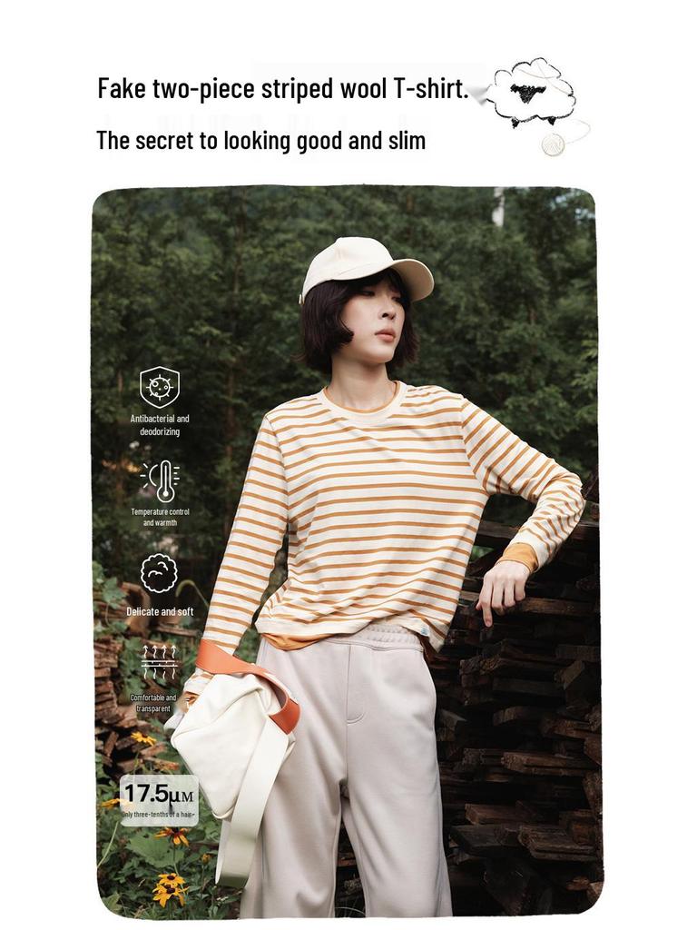 Merino Wool Tencel Striped Two-Piece Casual Long Sleeve T-Shirt