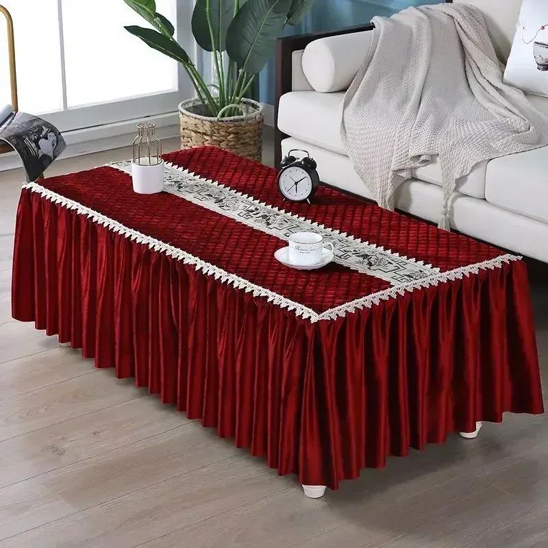 Velvet Checkered Tablecloth Lace Edge Large Skirt Hem Table Cover Embroidered Patches Tea Table Home Dust Covers
