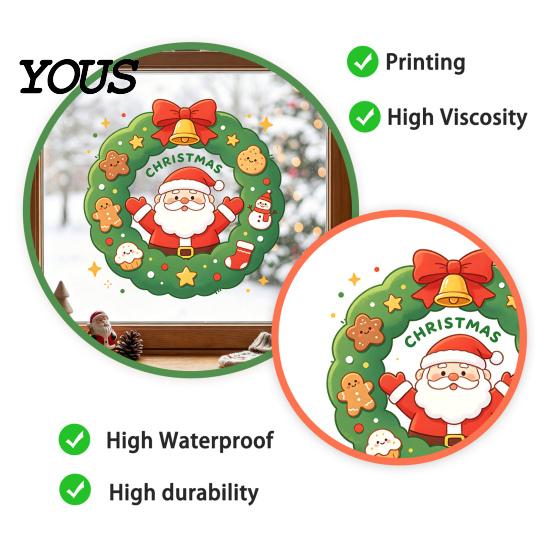 Seasonal Window Murals Christmas Santa Claus Wreath Cling, Cartoon Static Sticker, PVC Clings Waterproof Glass Decal for Home Holiday Party And