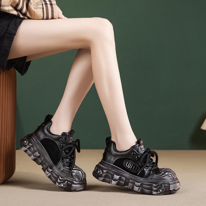 2025 New Women's Genuine Leather Wedge Heel Loafers - British Style, Thick Sole, Mid-Heel, Round Toe for Autumn/Winter