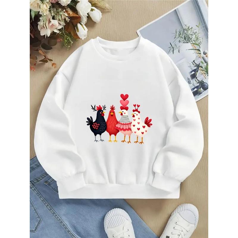 Kids Unisex Crewneck Sweatshirt, Four Cute Chickens With Red Hearts Cartoon Print Soft Fleece Pullover For Kids Over 4 Years Old