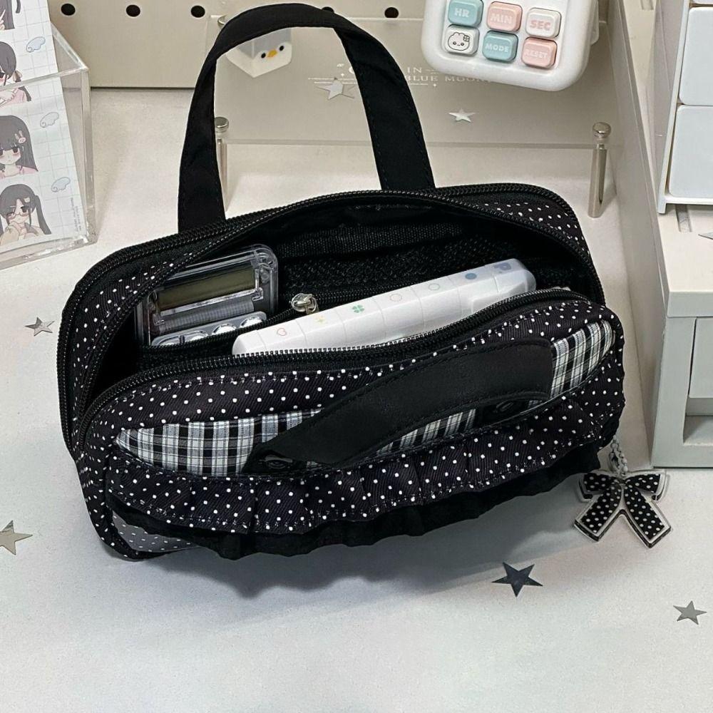 Handheld Pencil Case Plaid Polka Dot Stationery Bag Aesthetic Stationery Organizer Students