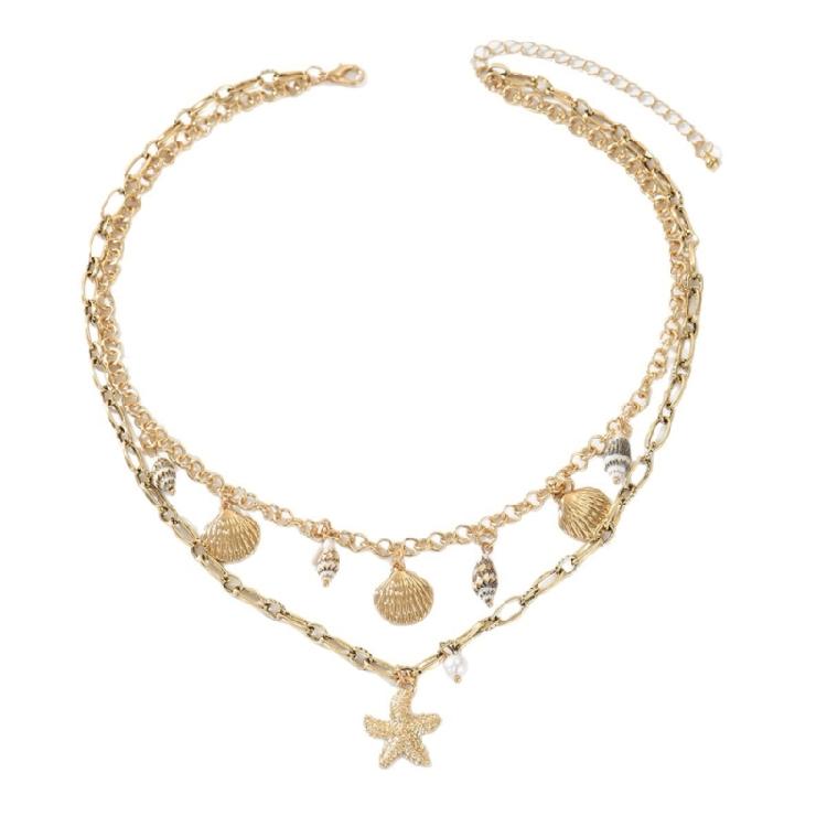 Pearls Shell Beach Necklace With Zinc Alloy Chain 7.09+1.18 Inch Bohemian Style Jewelry Gift Collarbone Necklace