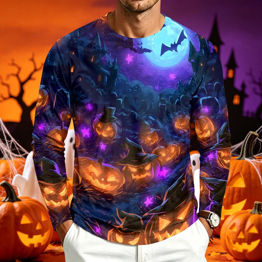 Men's Casual Long Sleeve Halloween Printed T-Shirt for Everyday Wear