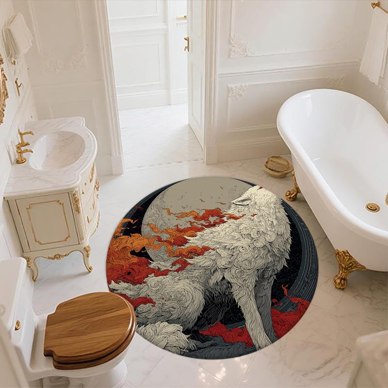 Flame Fox and Wolf,Round Area Rug,Carpet Rug for Living Room Bedroom Sofa Playroom Decor,Non-slip Floor Mat