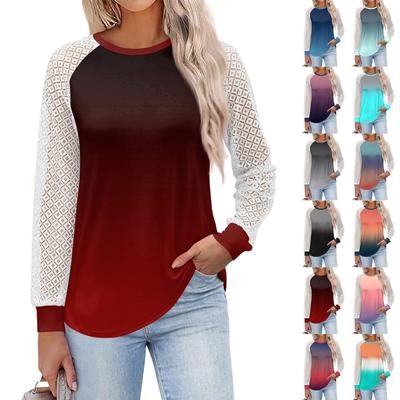 Damen Langarm T-Shirts Rundhals Spitzenoberteile Lässige Blusen Trendy Fashion Top