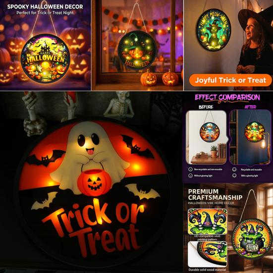 Festive Halloween Decorations LED Glowing Hanging Decor, Acrylic Window Ornament with Light, Spooky Ambiance Sign for Door Wall Haunted House,