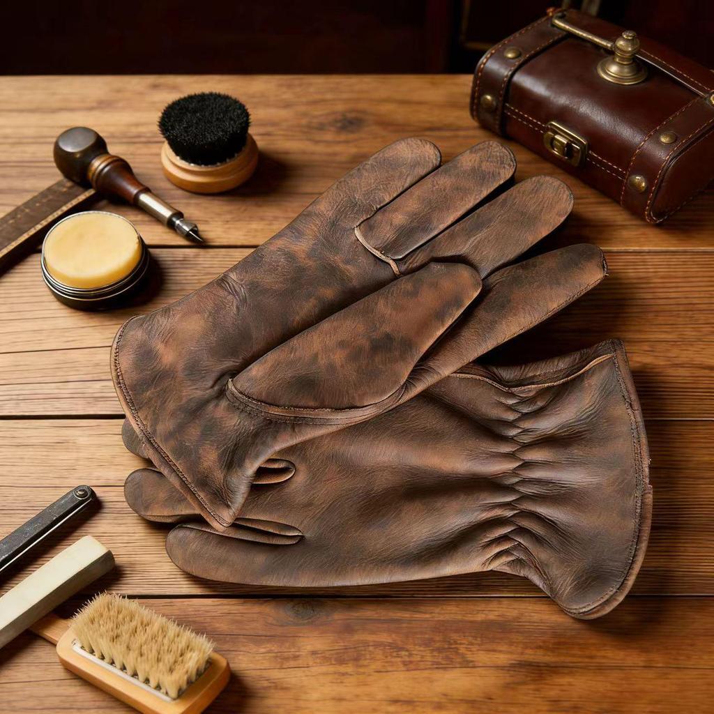 First Layer Cowhide Retro Riding Gloves - Irregular Color, Outdoor Protection & Driving Handling Gloves