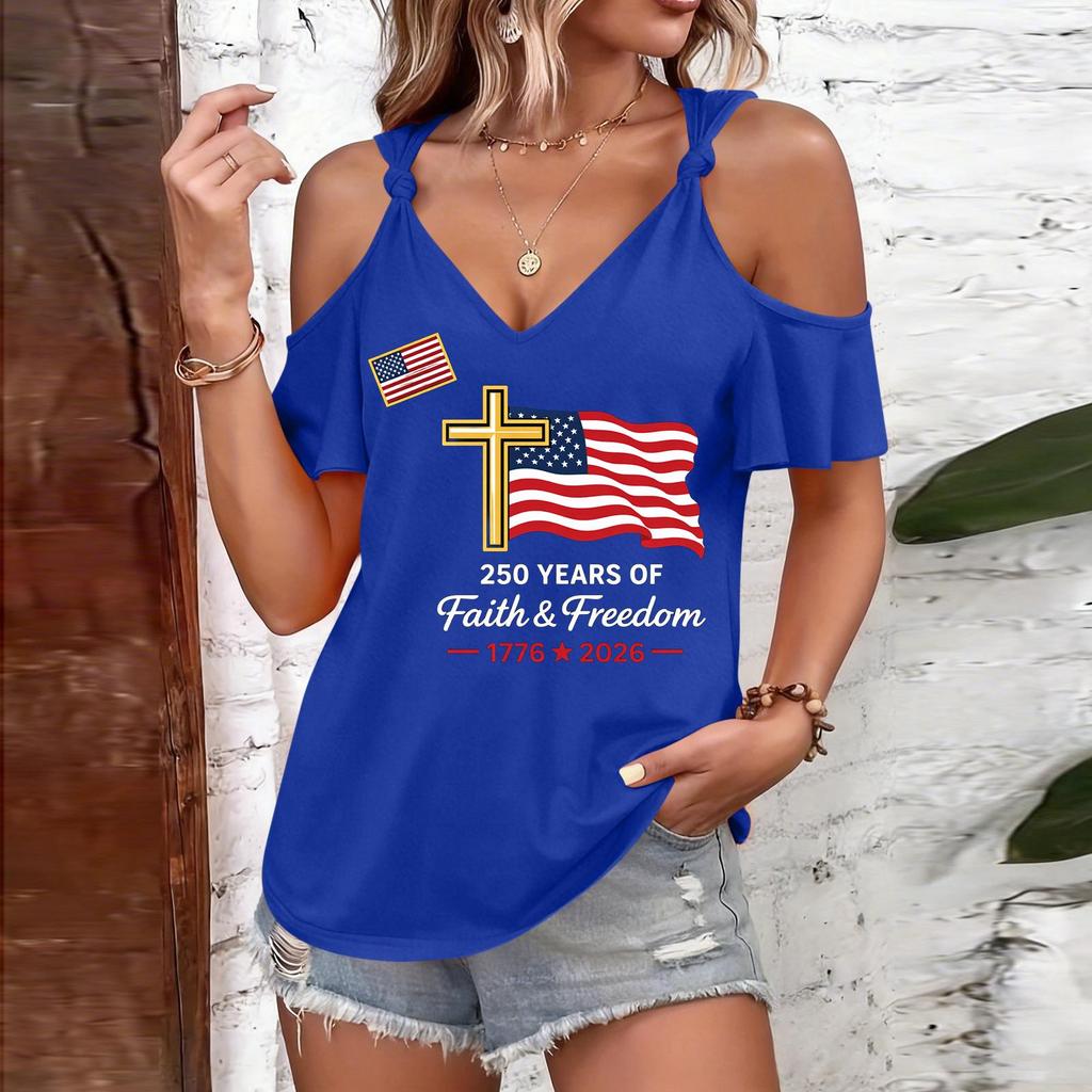 T-shirt décontracté pour femme à manches courtes et épaules dénudées avec imprimé Jour de l'Indépendance, col rond, coupe ample