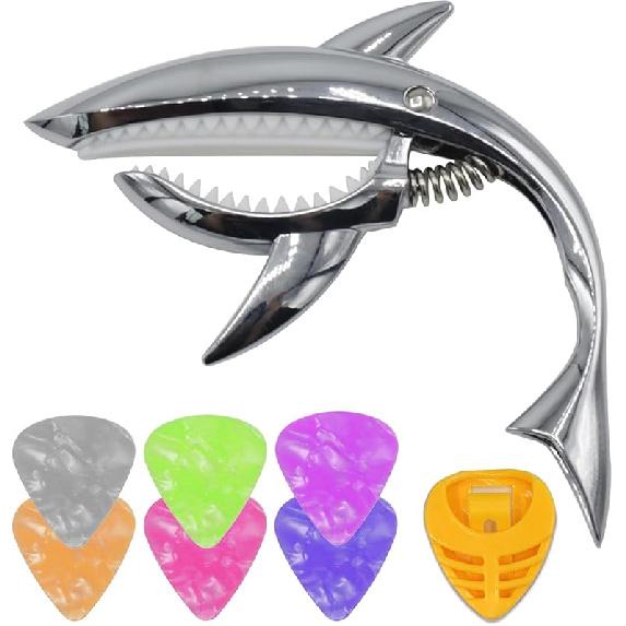 Soundspire Shark Shape Guitar Capo, Silver Zinc Alloy Clamp for Acoustic/Electric Guitar, Ukulele & Mandolin with Carrying Bag (with Picks) серебряный