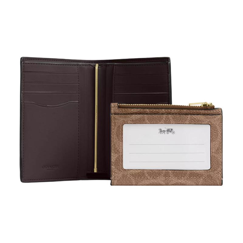 Coach Signature 12 2-in-1 Design Gold Logo Coated Canvas and Leather Wallet Unisex Couple Size Walnut Walnut Color