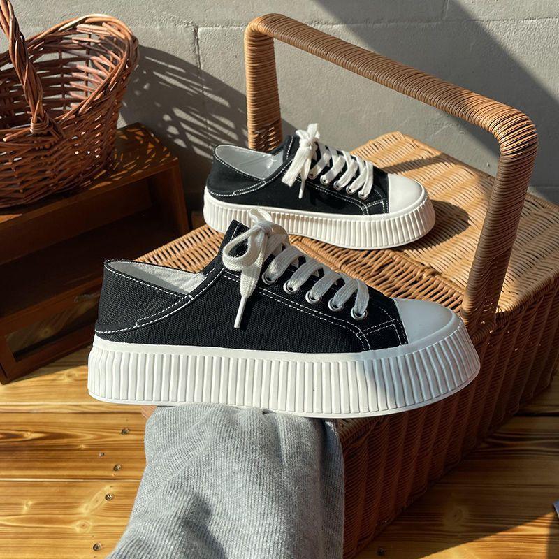 One Pair of Shoes for Two Uses Thick Bottom Heightened Easy Wear Shoes Women's Spring New Canvas Shoes Ins Trendy Lazy Biscuit Shape Shoes