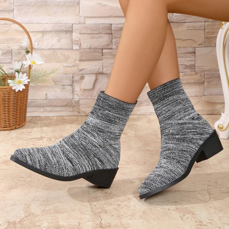 Sock Boots Autumn New Round Toe Knit Mesh Breathable Block Heel Anti-Slip Wear-Resistant Short-Thigh Boots