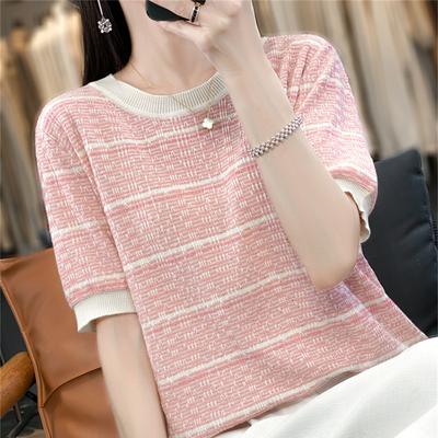 Reiner Baumwollpullover mit Rundhalsausschnitt, kurzärmlig, Damen Sommer Neu Gestreiftes Karomuster Top Modisches und Vielseitiges Basic-Shirt