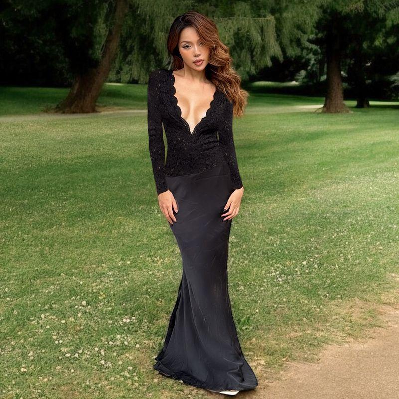 

Western Style Sexy Lace Stitching Deep V-neck Long sleeve dress Women Elegant Temperament Gyaru Slim fit Sheath Long dress Black S