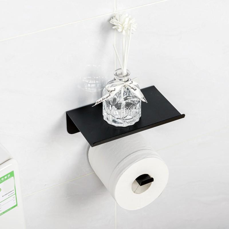 Wall Mounted Toilet Paper Holder Bathroom - No Drill Adhesive Or Screw Installation Black Metal Square Design Modern