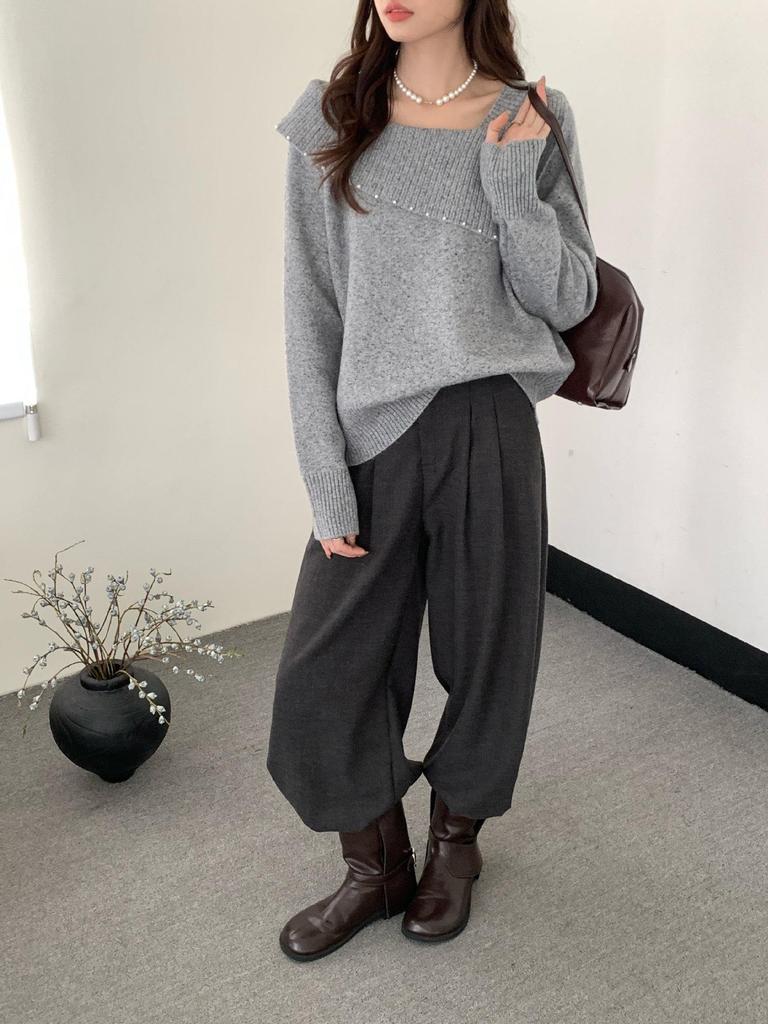 2026 Autumn Korean Style Elegant Beaded Lapel One-Shoulder Knit Sweater