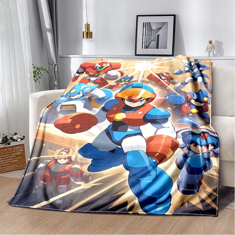 Mega Man Anime Print Flannel Throw Blanket Soft Warm Bed Cover for Kids Bedroom Sofa Home Decor Gift