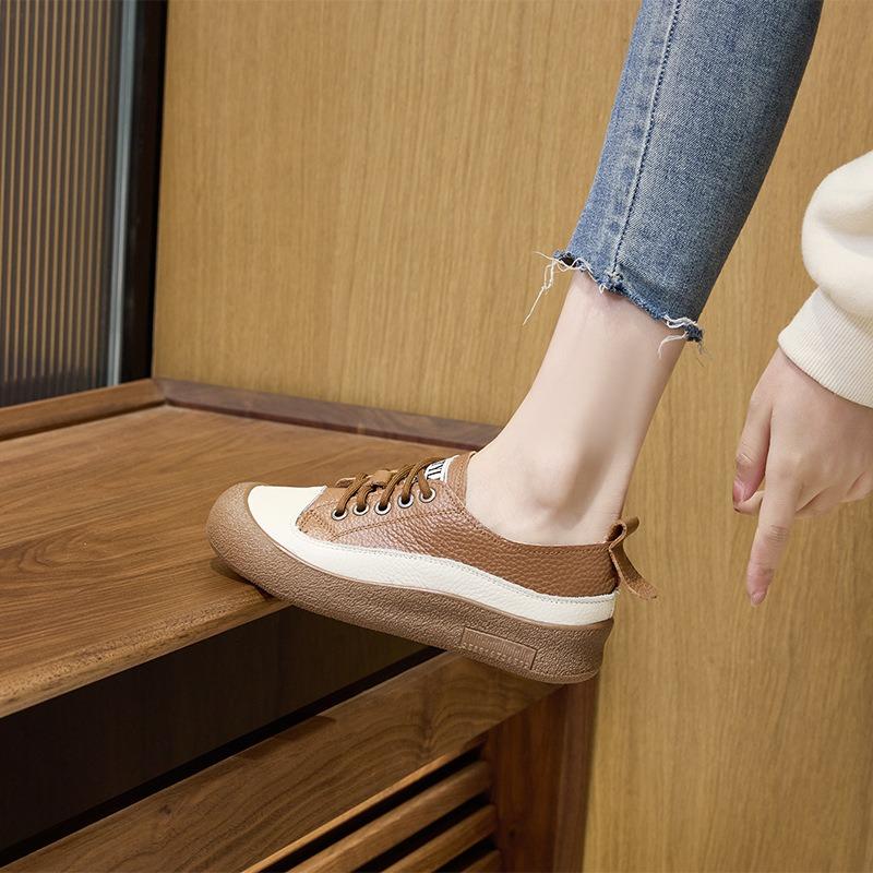 The first layer of cowhide retro leather single shoes women's autumn new big head casual board shoes soft sole light casual shoes