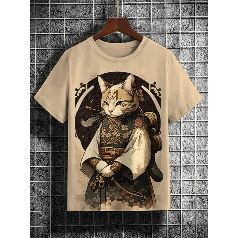 

Japanese Style Samurai Cat Graphic T Shirt For Men Causal 3D Printed O Neck Short Sleeve Tees Outdoor Oversize Men Clothing Tops S