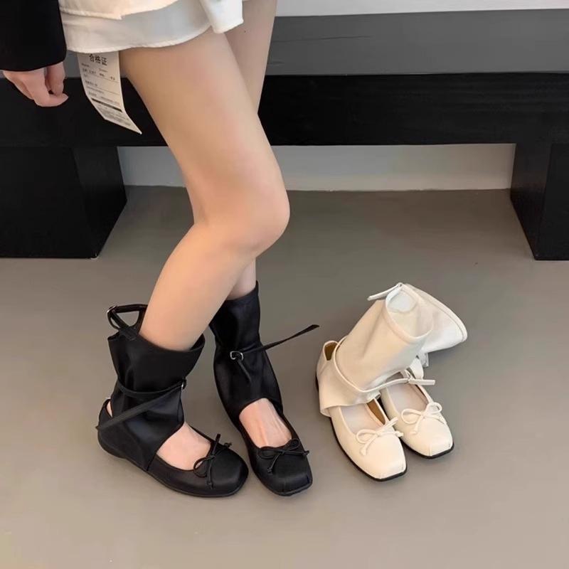 

Нишевый дизайн крутые ботинки детские новые летние балетные ботинки с бантом и плиссировкой, полусапожки 40 бежевый