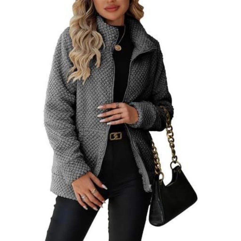 Fall Winter Women's Fleece Jacket, Loose Casual Lapel Zip Up Cardigan Coat With Pockets, European American Style Outerwear