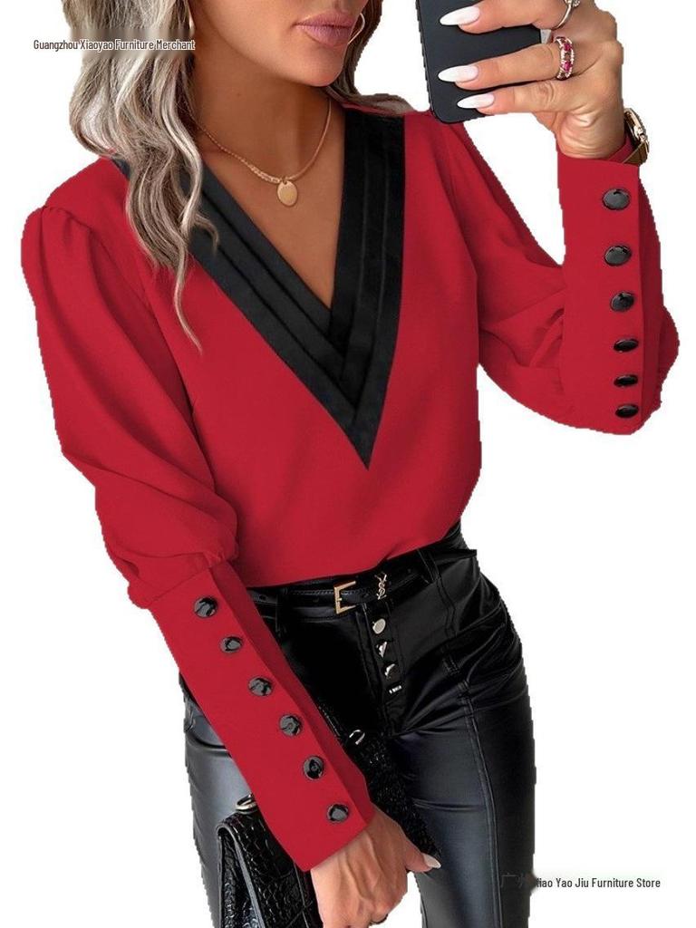 2026 Herbstmode V-Ausschnitt Unifarben Langarm Knöpfe Damenhemd