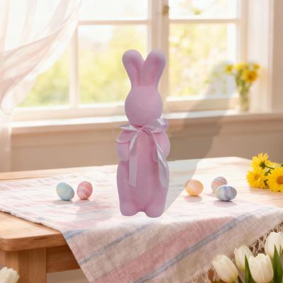 Flocked Easter Bunny Figurine Statue Sculpture with Bowknot for Indoor Desktop