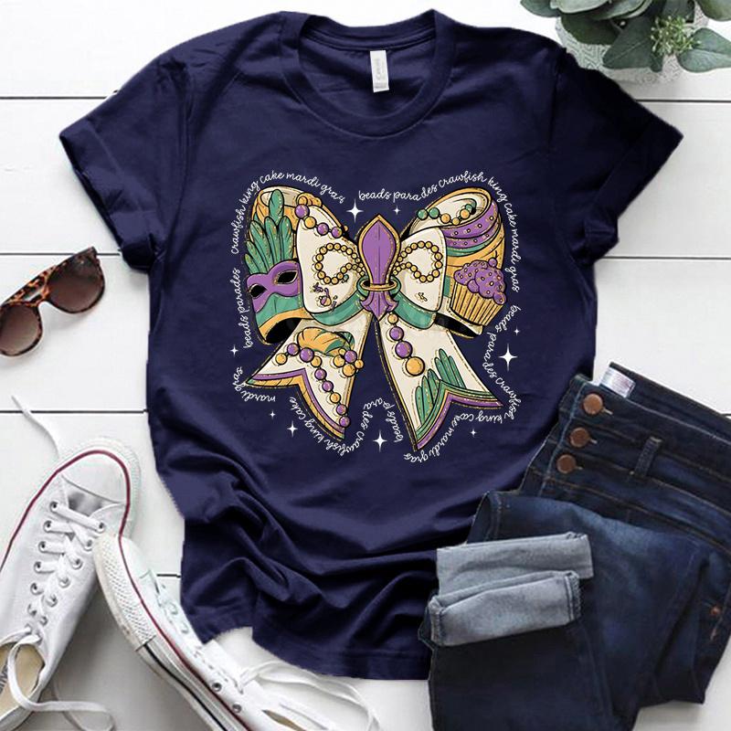 Mardi Gras Coquette Bow Design Tshirt Women Mardi Gras Vibes Vintage T Shirt Crew Neck Fat Tuesday Carnival Bow Shirt for Women