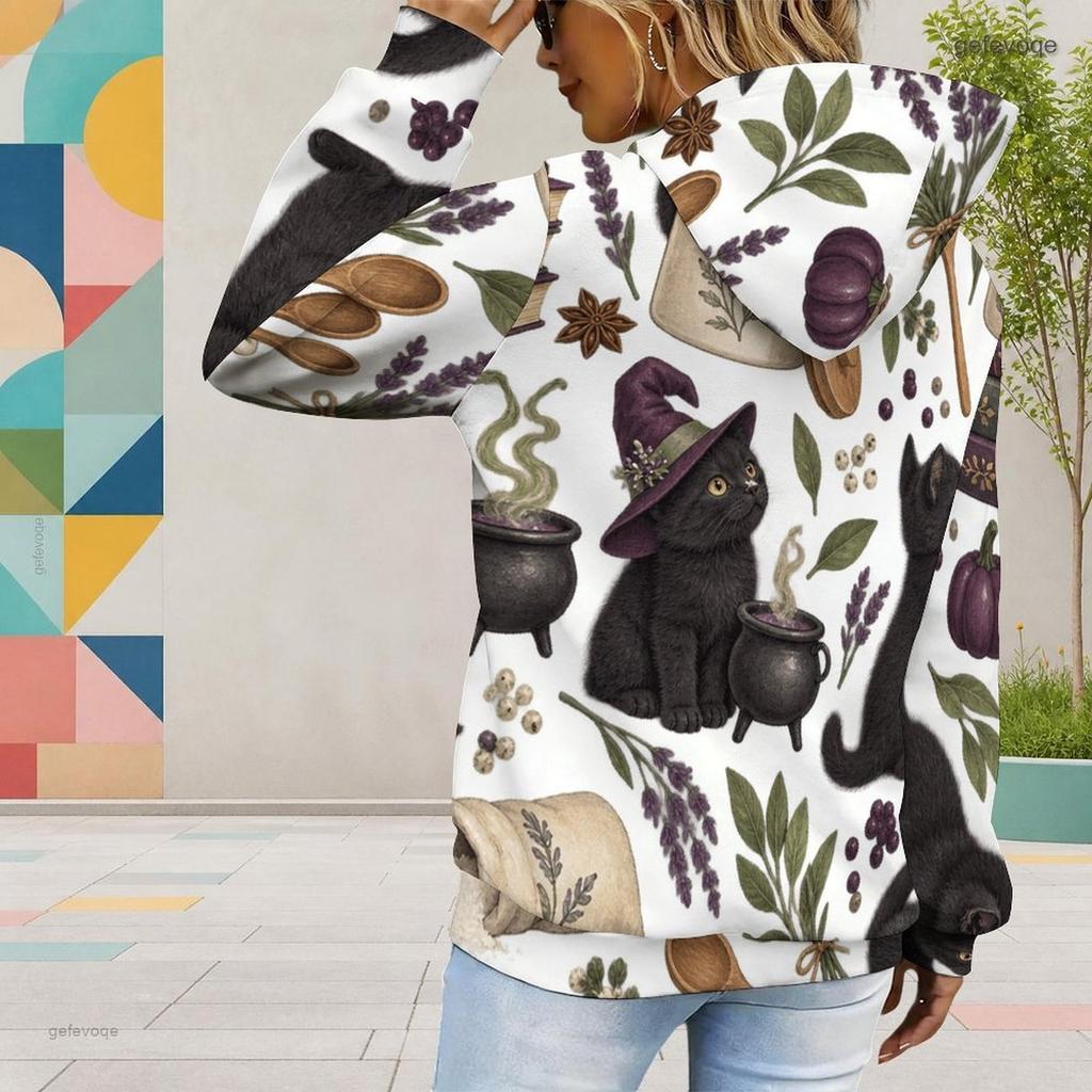Women Plus Size Long Sleeve Drawstring Hoodie Cute Cartoon Bat Print White Kangaroo Pocket Pullover