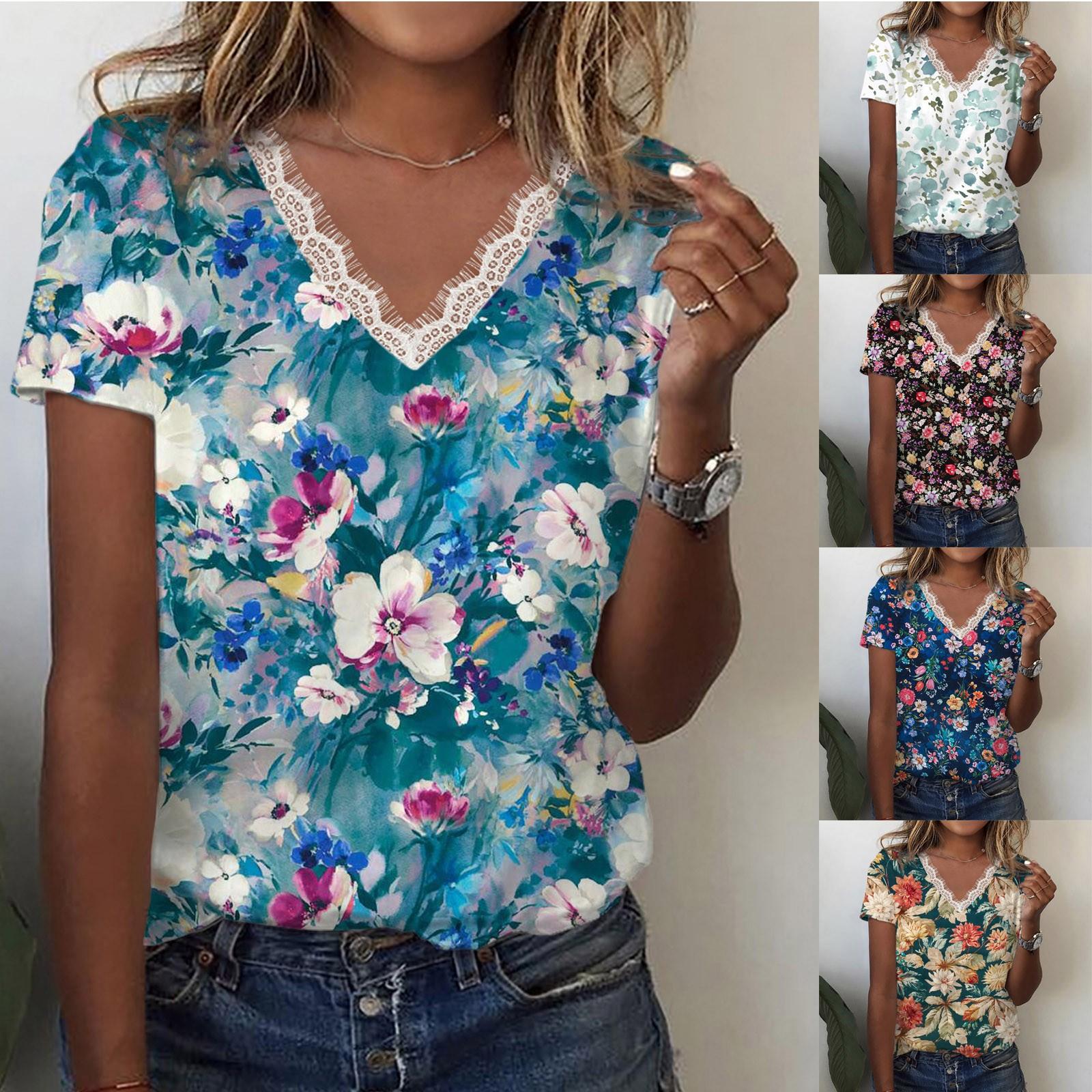 

(Куниде) Летние модные повседневные кружевные топы с v-образным вырезом и цветочными элементами для женщин