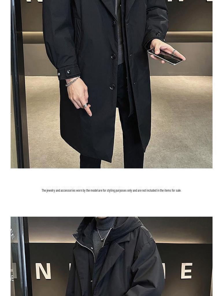 Men's Winter Hooded Mid-Length Down Jacket, Faux Two-Piece Windbreaker, Trendy Thickened Plus-Size Coat