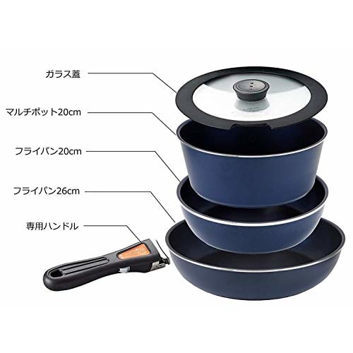 Pearl Metal 5-Piece Frying Pan and Pot Set, Induction Compatible, Dark Blue, Diamond Coat, Removable Handles, HB-3975
