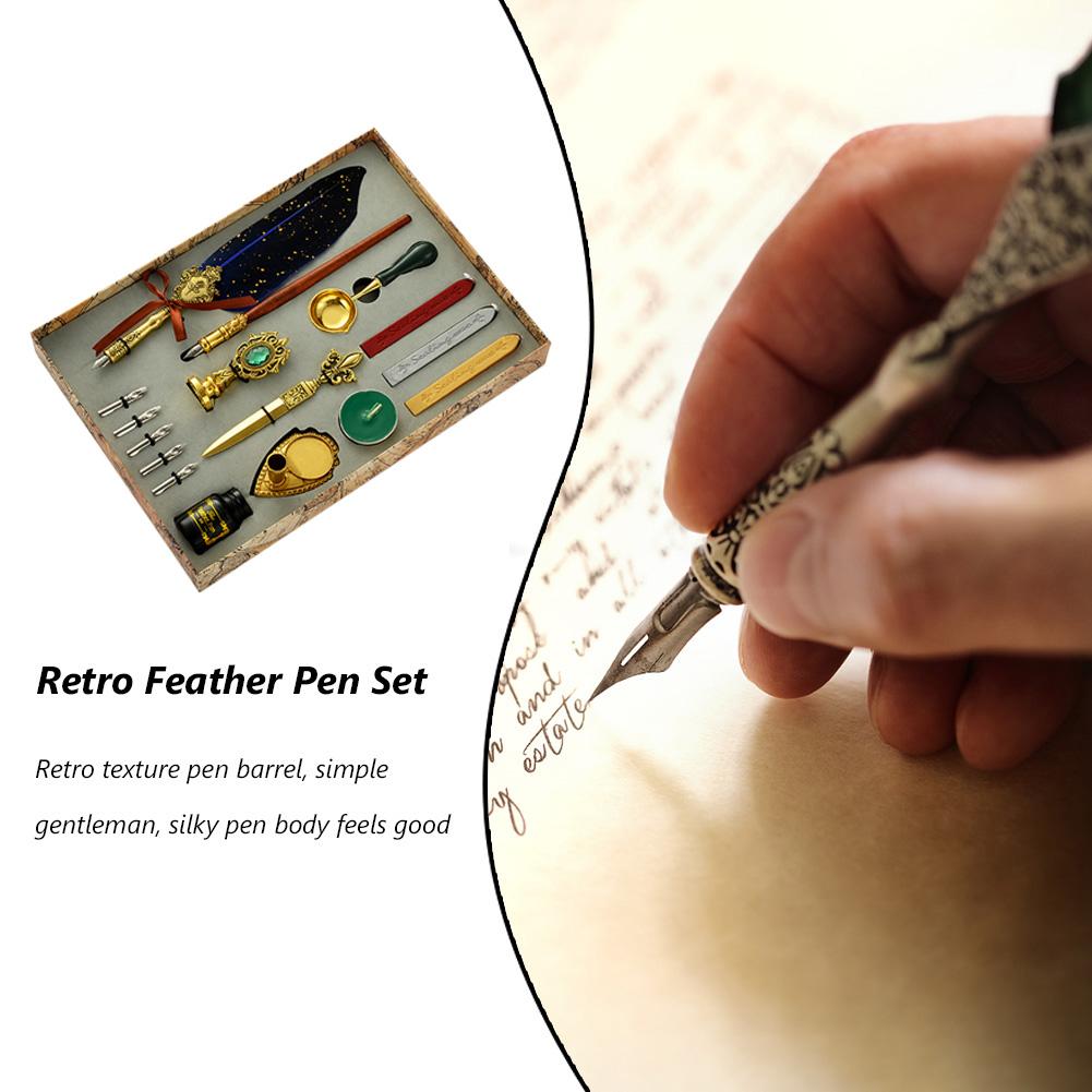 Retro Feather Pen Writing Ink Set Creative Exquisite Feather Dip Fountain Pen Sets Stationery Crafts Gifts for Home Office