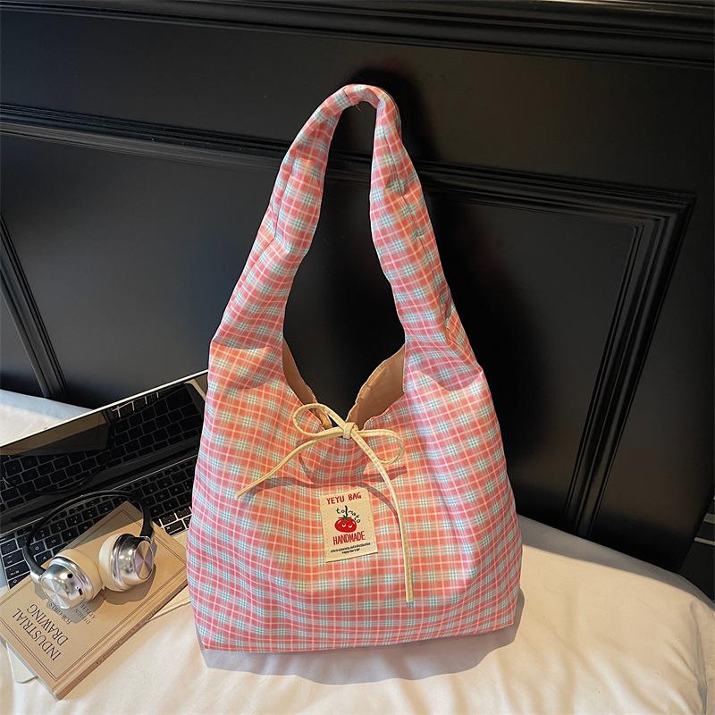 Japanese Style Chic Gingham Checkered Tote Bag Large Capacity Canvas Shoulder Bag for Women