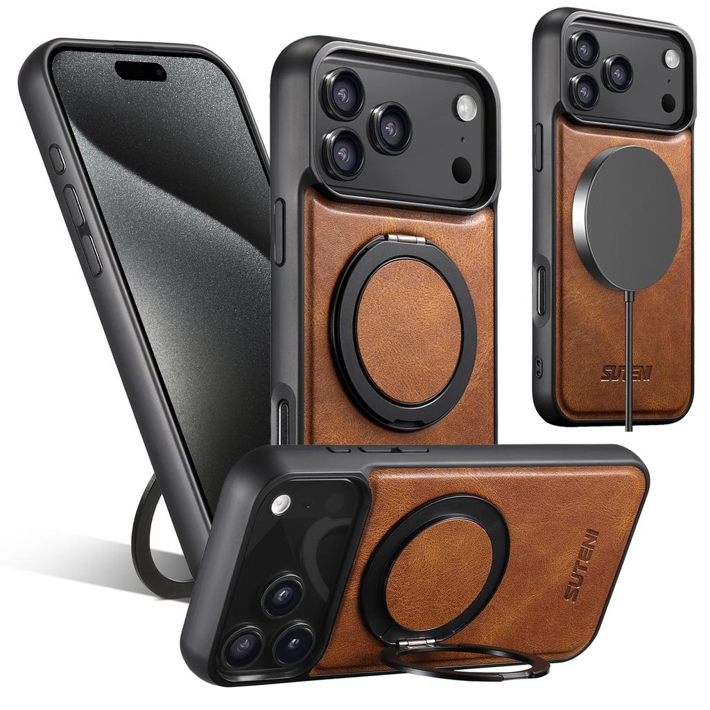 360 Rotating Magnetic Kickstand Waxed Grain Leather Phone Case for iPhone 17 Pro Max 16 15 14 13 12 Shockproof For Magsafe Cover