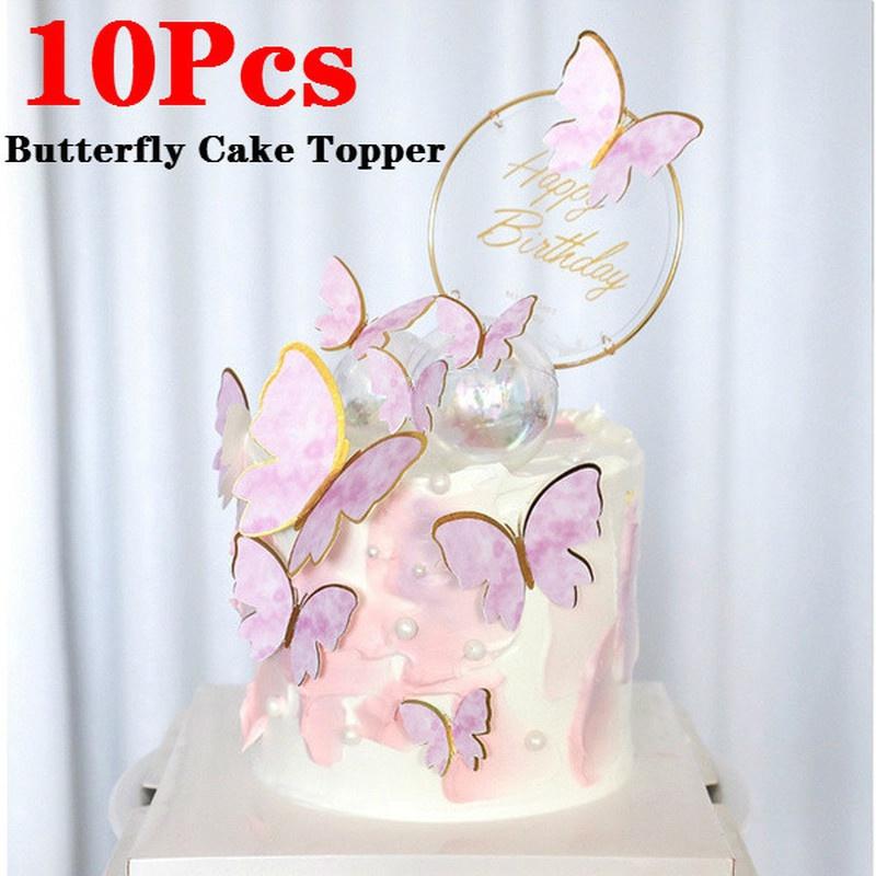 10Pcs/Set Birthday Cake Toppers Cake Decoration Handmade Painted Butterfly Cake Topper for Wedding Birthday Party Baby Shower