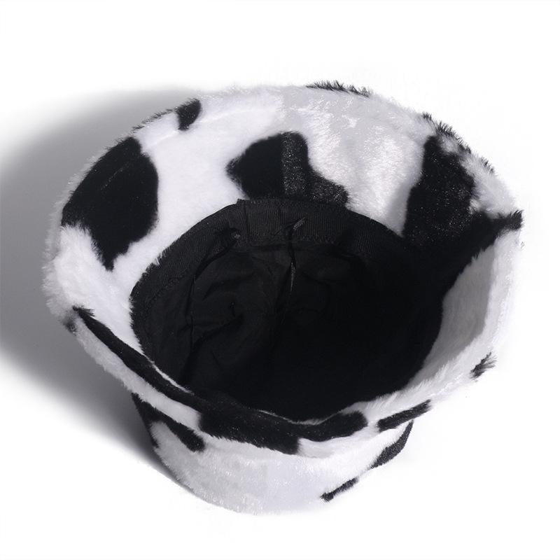 Chi Internet Celebrity Black and White Cow Pattern Bucket Hat Autumn and Winter Plush Warm Shopping Versatile Ins Basin Hat