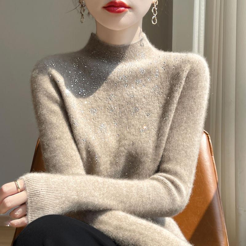 

Temperament Hot Diamond Half Turtleneck Sweater Women s Autumn and Winter New Style Slimming Bottoming Sweater onesize верблюд