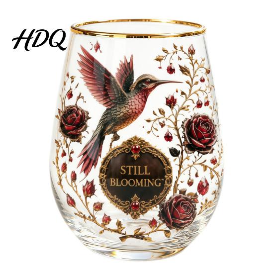 Hand-painted Glass Cup Hand Painted Tumbler Egg Shaped with Gold Rim Clear