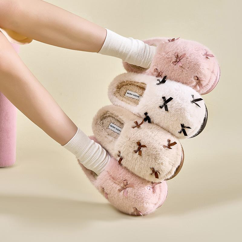 2025 New Fluffy Slippers Winter Indoor Home Heating and Velvet Outer Wear Thick-soled Cotton Slippers Women's