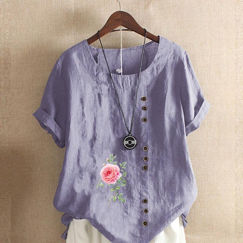 Women's New Fashion Linen Shirt Round Neck Short Sleeve Flower Printed T-shirt Summer Ladies Casual Plus Size Blouse Tops