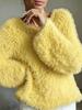 European and American women's clothing macaron round neck fluffy design sense solid color long-sleeved fluffy top