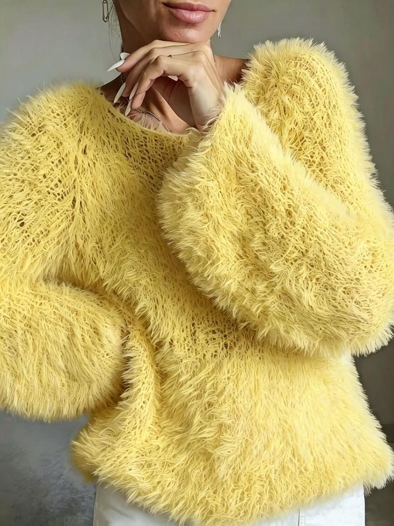 European and American women's clothing macaron round neck fluffy design sense solid color long-sleeved fluffy top