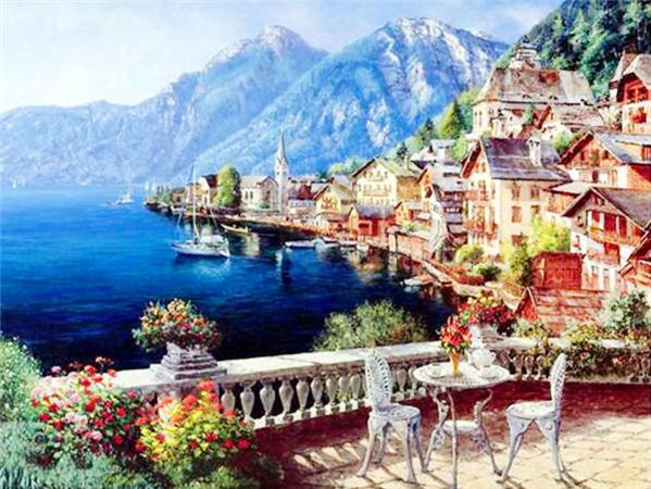5d Diy Diamond Painting Seaside House Town Full Square/round Embroidery Mosaic Mountain Landscape Home Decor