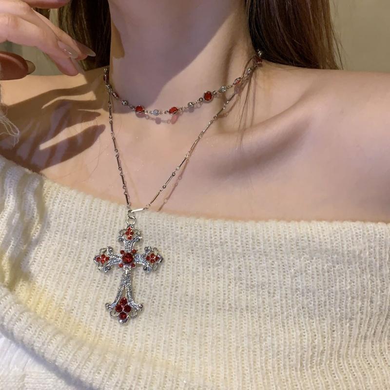 Creative Patterned Cross Synthetic Gemstone Necklace In Gothic Style